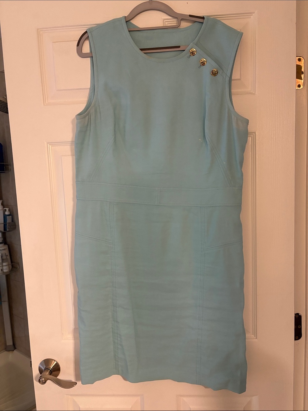 Tory Burch Sleeveless Light Blue Shift Dress with Gold Buttons